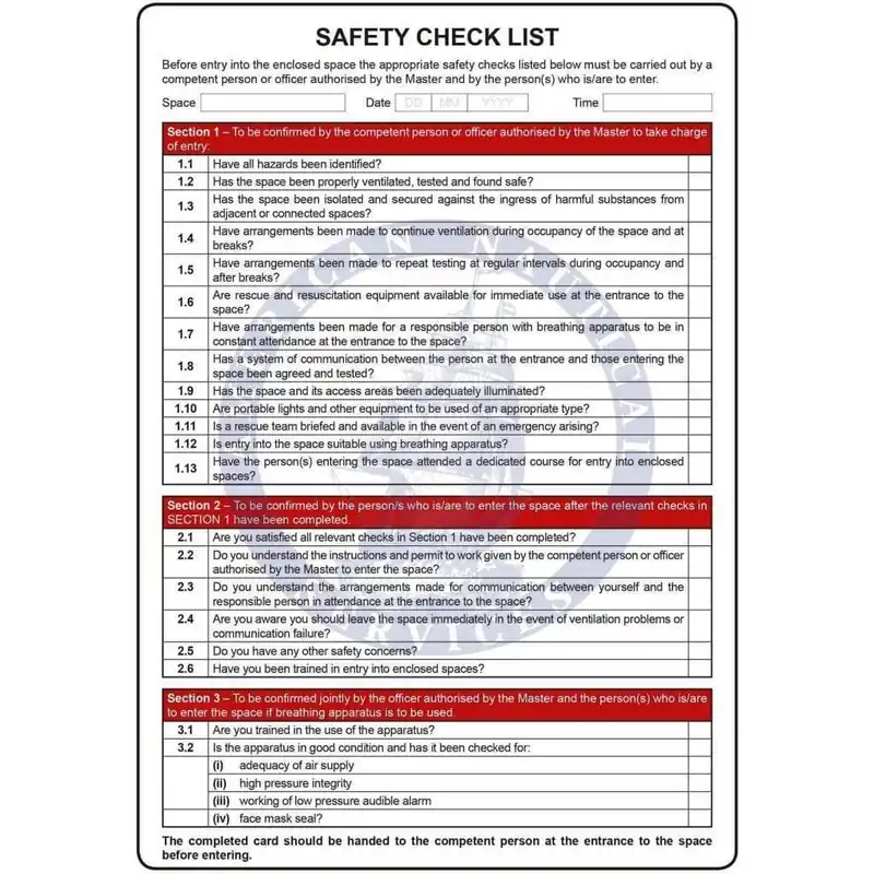 Deal Marine Safety Card: Enclosed Spaces Entry